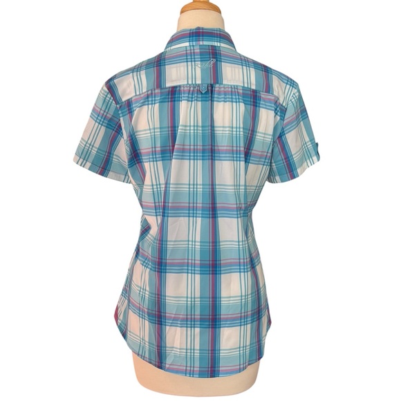 KUHL Women’s Plaid Button Up Short Sleeve Hiking Shirt Blue White Purple Medium - Picture 3 of 12